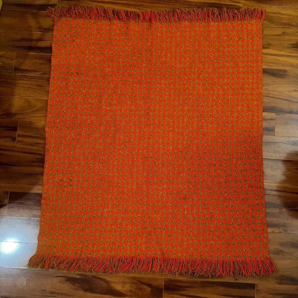 Vintage 60s 70s Pendleton Wool Houndstooth Fringed Throw Blanket Orange 53 x 62